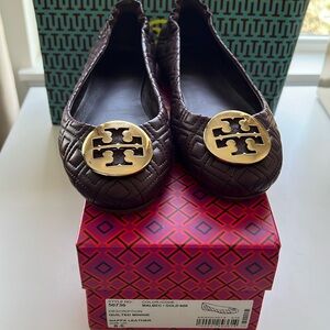 Tory Burch Minnie quilted Plum colored Flats with gold buckle size 8.5